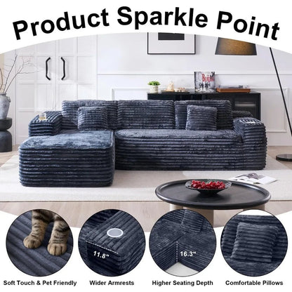 Cloud Sectional Couch with L - Shape Chaise, Modern Modular Sofa with Deep Seat, Built - in Cup Holder & Storage Pocket - Blu Lotus Boutique