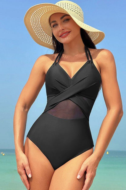 Color Block Halter Cross Lace One Piece Swimsuit - Blu Lotus Boutique
