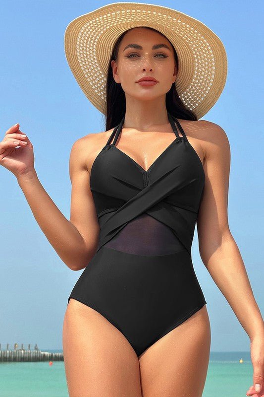 Color Block Halter Cross Lace One Piece Swimsuit - Blu Lotus Boutique