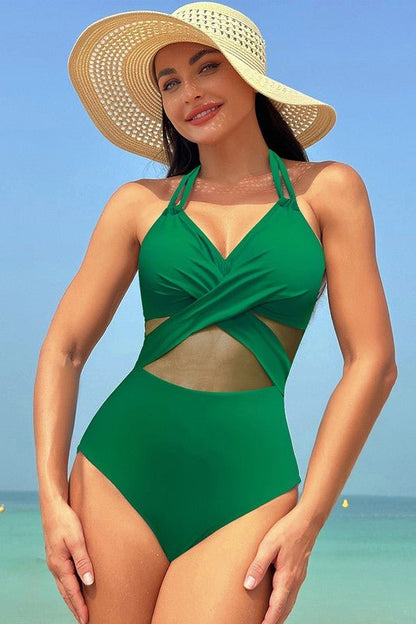 Color Block Halter Cross Lace One Piece Swimsuit - Blu Lotus Boutique