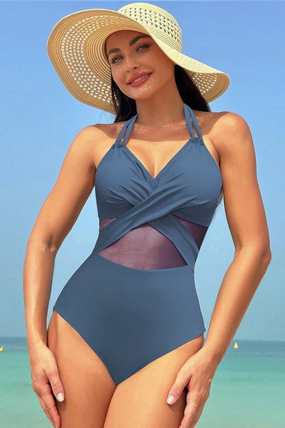 Color Block Halter Cross Lace One Piece Swimsuit - Blu Lotus Boutique