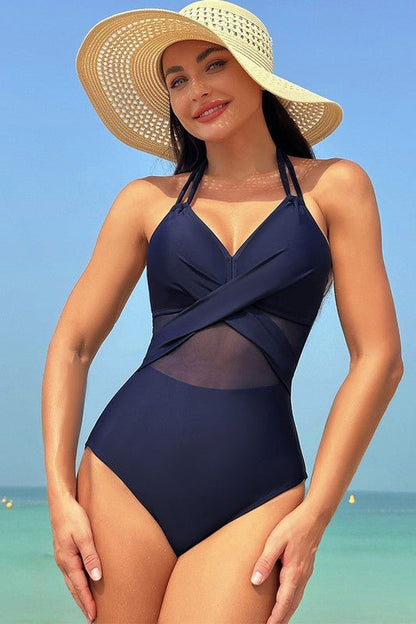 Color Block Halter Cross Lace One Piece Swimsuit - Blu Lotus Boutique