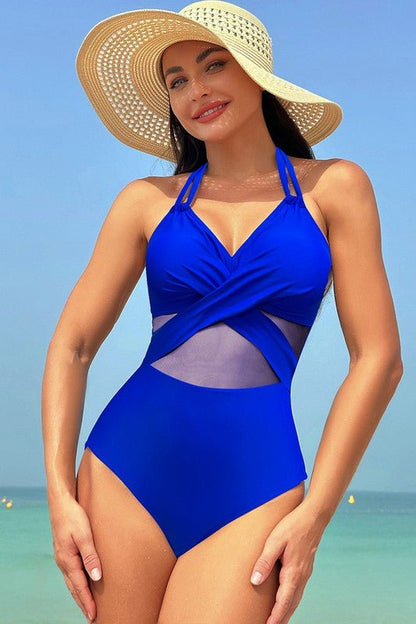 Color Block Halter Cross Lace One Piece Swimsuit - Blu Lotus Boutique