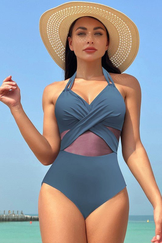 Color Block Halter Cross Lace One Piece Swimsuit - Blu Lotus Boutique