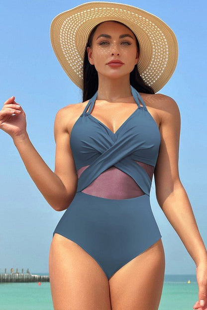 Color Block Halter Cross Lace One Piece Swimsuit - Blu Lotus Boutique