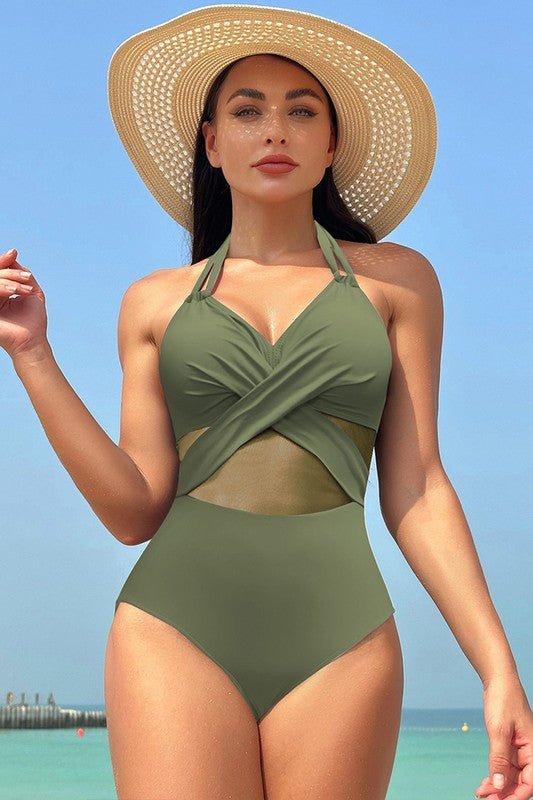 Color Block Halter Cross Lace One Piece Swimsuit - Blu Lotus Boutique