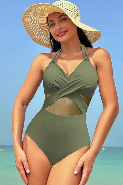 Color Block Halter Cross Lace One Piece Swimsuit - Blu Lotus Boutique