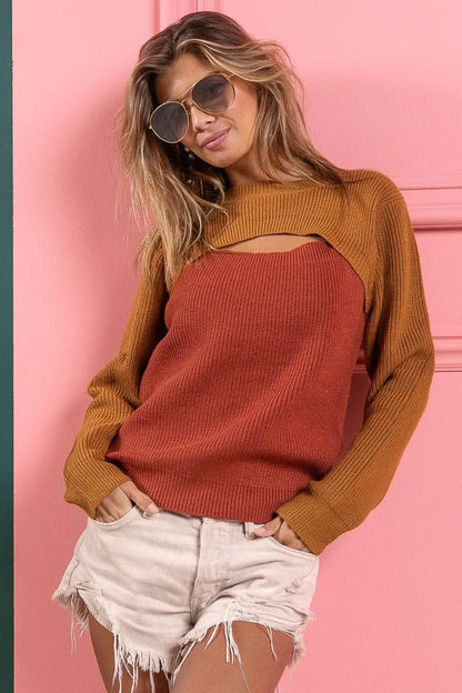 Color Block Sweater Knit Top With Cut Out Neck - Blu Lotus Boutique
