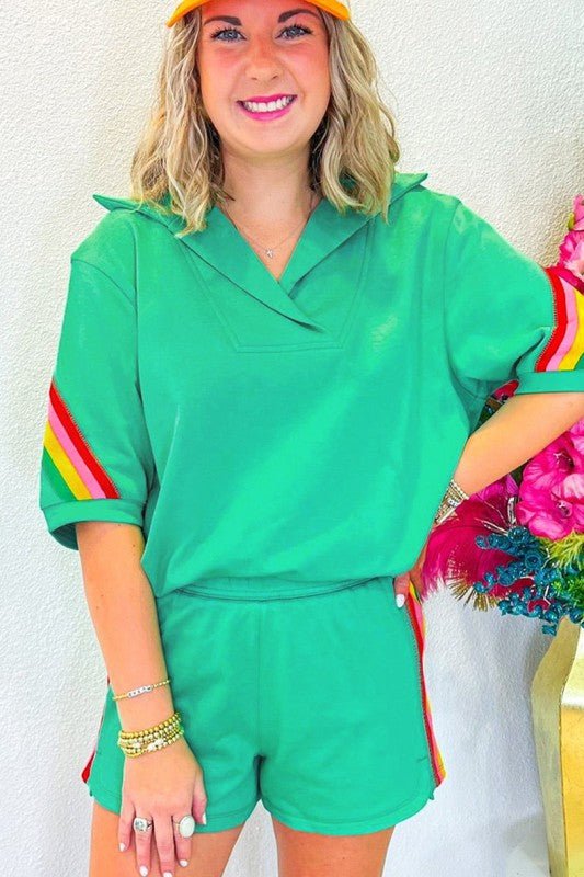 Colorblock Short Sleeve Top 2 Piece Shorts Set - Blu Lotus Boutique