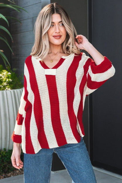 Colorblock Stripe V - Neck 3/4 Sleeve Sweater - Blu Lotus Boutique