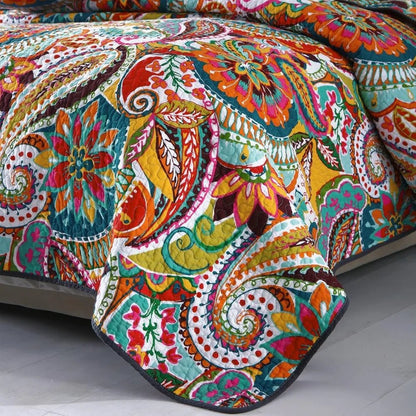 Colorful Cotton Boho Paisley Quilt Set, 3 - Piece Lightweight King Size Bedding with Pillows - Blu Lotus Boutique