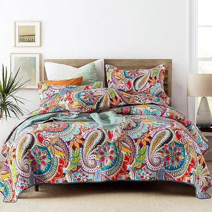 Colorful Cotton Boho Paisley Quilt Set, 3 - Piece Lightweight King Size Bedding with Pillows - Blu Lotus Boutique