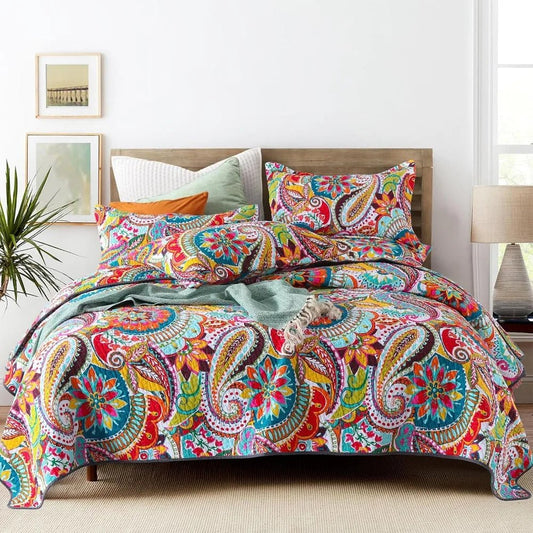 Colorful Cotton Boho Paisley Quilt Set, 3 - Piece Lightweight King Size Bedding with Pillows - Blu Lotus Boutique