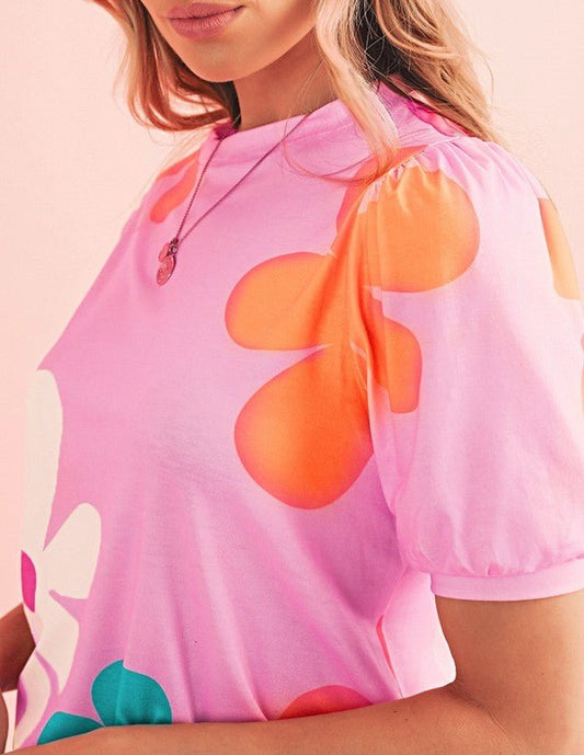 Colorful Flower Print Bubble Sleeve Tee Top - Blu Lotus Boutique