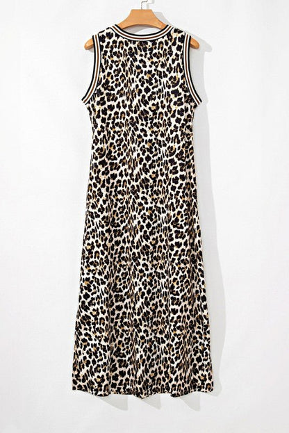 Contrast Stripe Trim Leopard Sleeveless long Dress - Blu Lotus Boutique