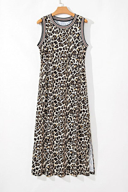 Contrast Stripe Trim Leopard Sleeveless long Dress - Blu Lotus Boutique
