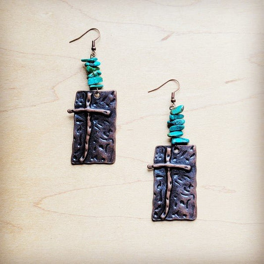 Copper Cross Earrings w/ Natural Turquoise Chunks - Blu Lotus Boutique