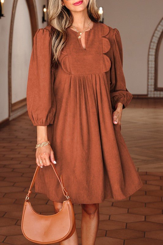 Corduroy Pleated Scallop Neck 3/4 Sleeve Mini Dres - Blu Lotus Boutique