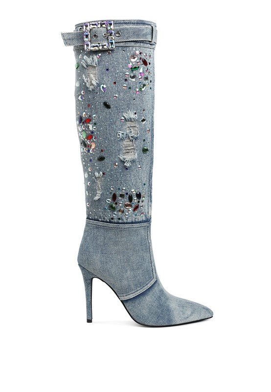 Cornik Multi Color Stones Denim Boots - Blu Lotus Boutique