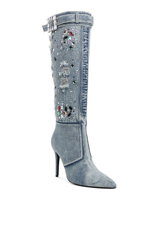 Cornik Multi Color Stones Denim Boots - Blu Lotus Boutique