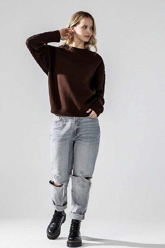 Cozy Solid Body Contrast Cable Knit Sweater - Blu Lotus Boutique