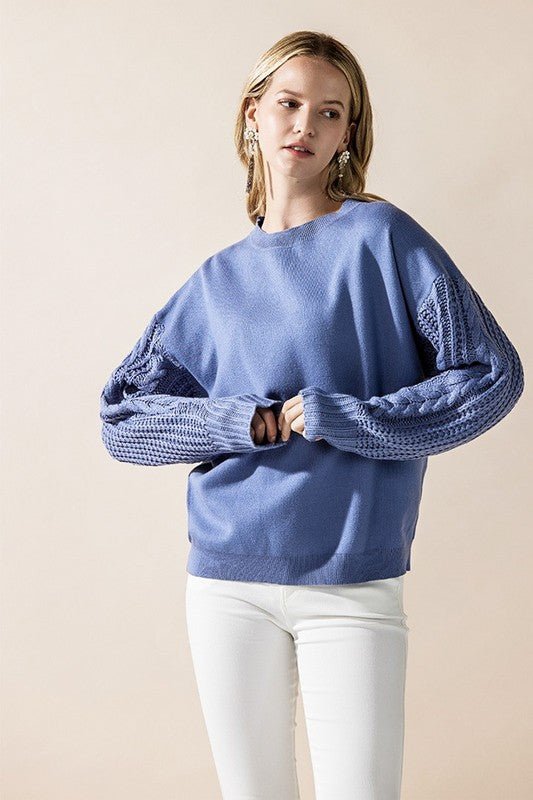 Cozy Solid Body Contrast Cable Knit Sweater - Blu Lotus Boutique