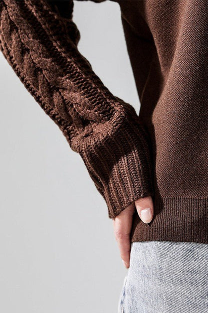Cozy Solid Body Contrast Cable Knit Sweater - Blu Lotus Boutique