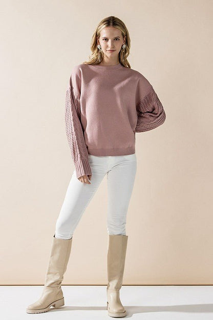 Cozy Solid Body Contrast Cable Knit Sweater - Blu Lotus Boutique