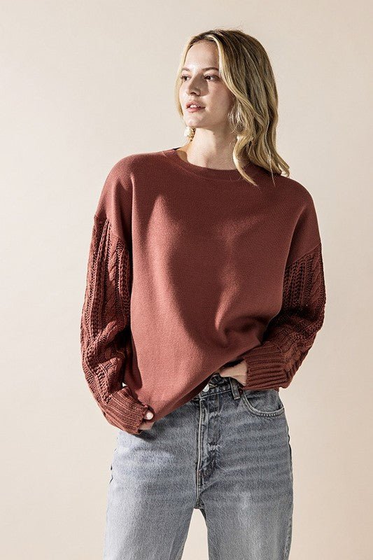 Cozy Solid Body Contrast Cable Knit Sweater - Blu Lotus Boutique