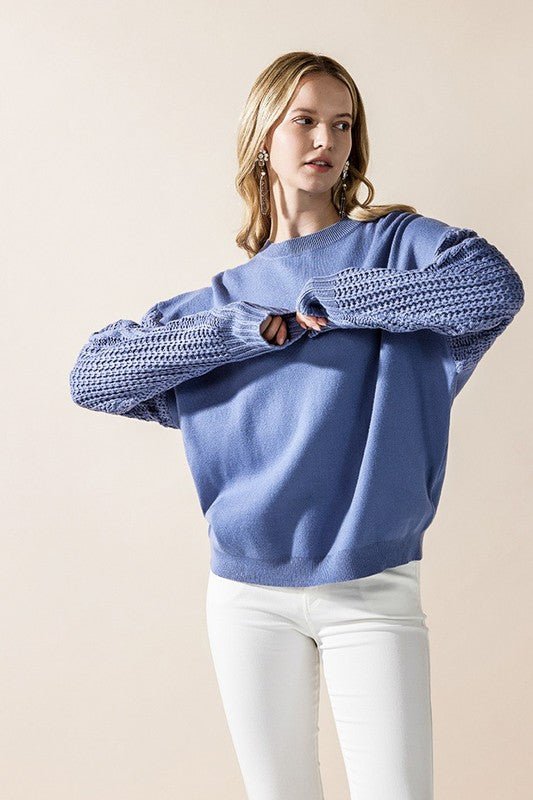Cozy Solid Body Contrast Cable Knit Sweater - Blu Lotus Boutique