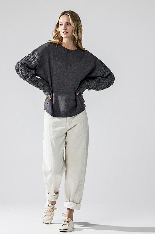 Cozy Solid Body Contrast Cable Knit Sweater - Blu Lotus Boutique