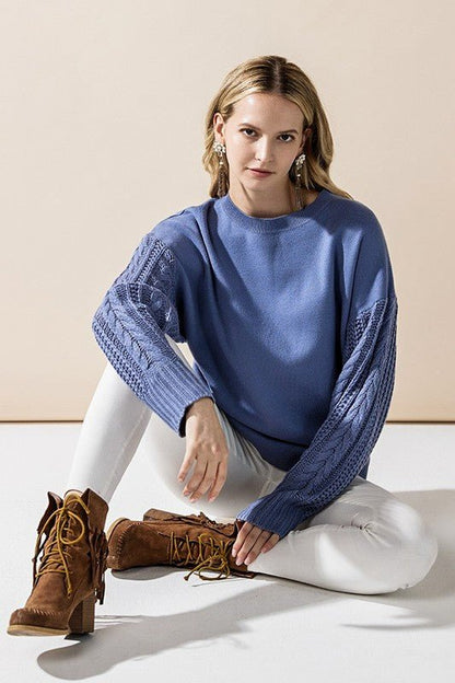 Cozy Solid Body Contrast Cable Knit Sweater - Blu Lotus Boutique