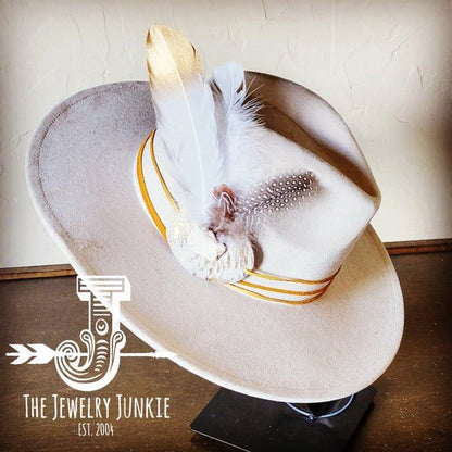 CreamMetallic Feather&Turq Slab Hatband Choice Hat - Blu Lotus Boutique