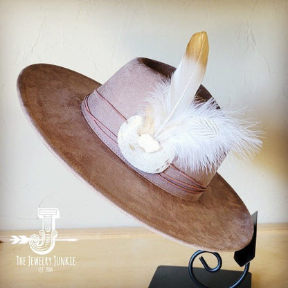 CreamMetallic Feather&Turq Slab Hatband Choice Hat - Blu Lotus Boutique