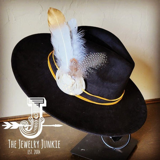 CreamMetallic Feather&Turq Slab Hatband Choice Hat - Blu Lotus Boutique