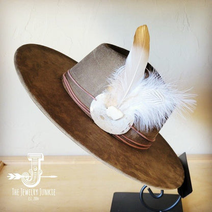 CreamMetallic Feather&Turq Slab Hatband Choice Hat - Blu Lotus Boutique