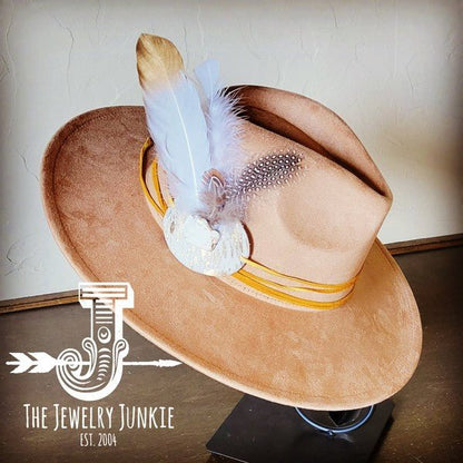 CreamMetallic Feather&Turq Slab Hatband Choice Hat - Blu Lotus Boutique