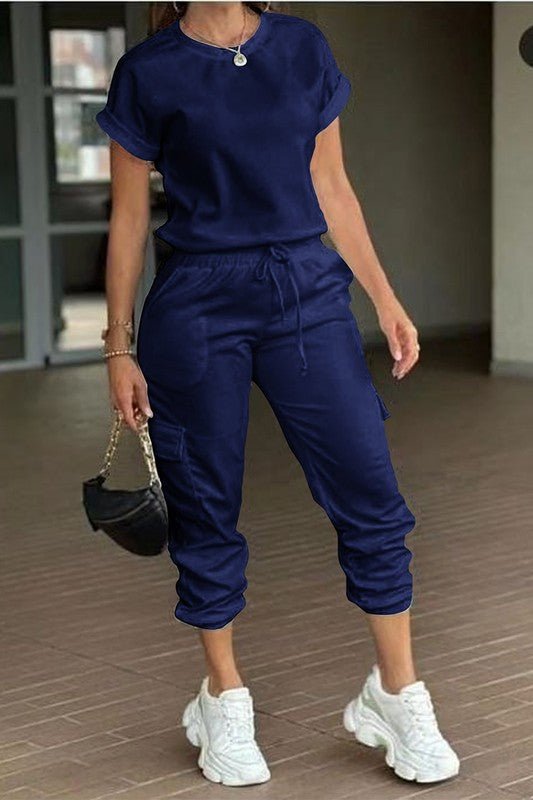 Crew Neck Short Sleeve Drawstring Waist Jumpsuit - Blu Lotus Boutique