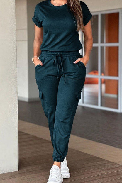 Crew Neck Short Sleeve Drawstring Waist Jumpsuit - Blu Lotus Boutique