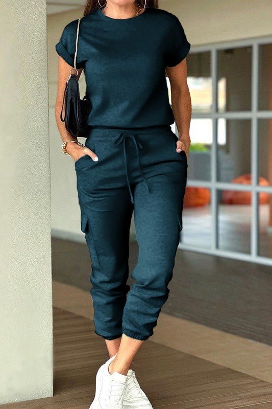Crew Neck Short Sleeve Drawstring Waist Jumpsuit - Blu Lotus Boutique