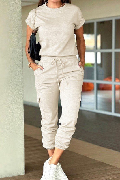 Crew Neck Short Sleeve Drawstring Waist Jumpsuit - Blu Lotus Boutique