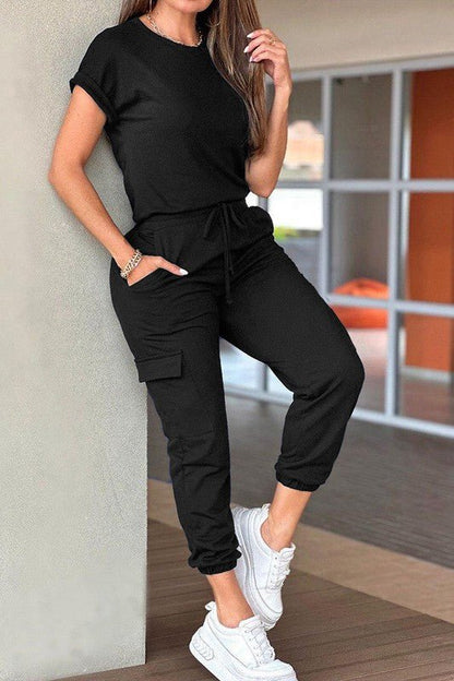Crew Neck Short Sleeve Drawstring Waist Jumpsuit - Blu Lotus Boutique