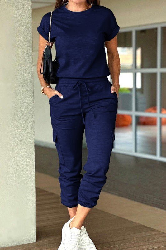 Crew Neck Short Sleeve Drawstring Waist Jumpsuit - Blu Lotus Boutique