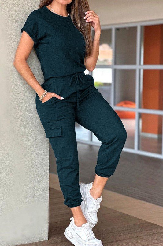 Crew Neck Short Sleeve Drawstring Waist Jumpsuit - Blu Lotus Boutique