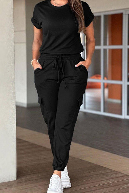 Crew Neck Short Sleeve Drawstring Waist Jumpsuit - Blu Lotus Boutique