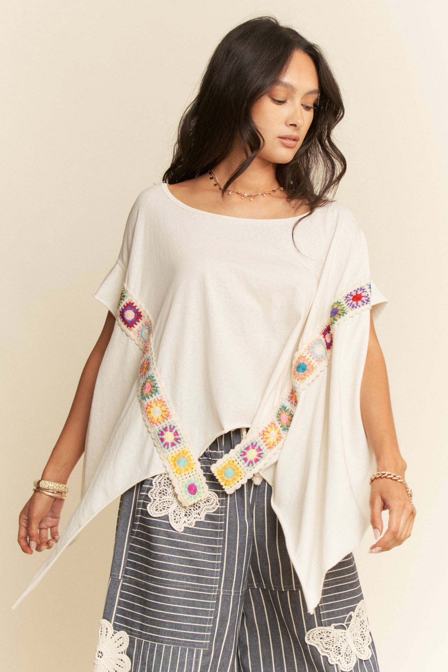 CROCHET TRIM BATWING SLEEVES LOOSE FIT TOP - Blu Lotus Boutique