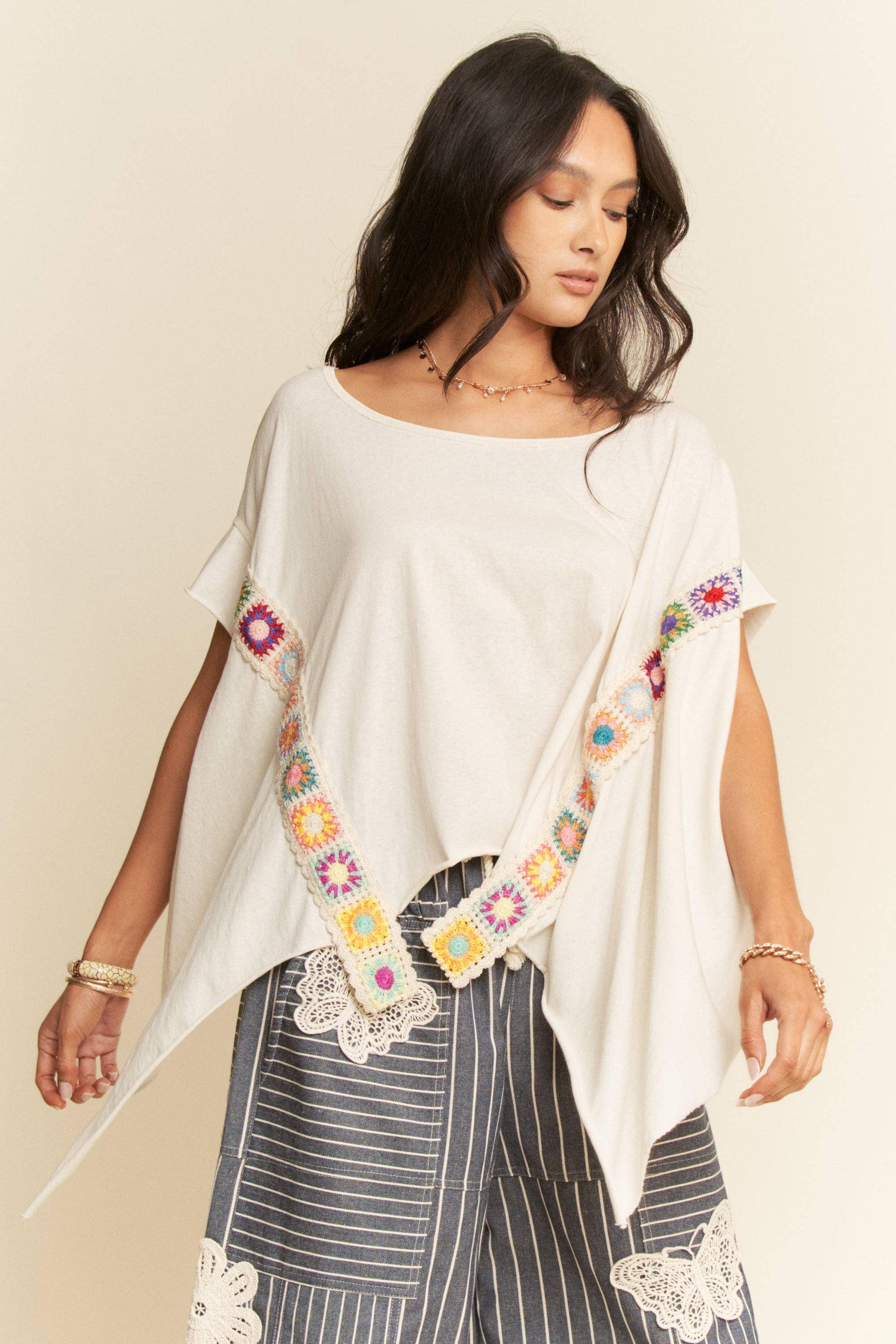 CROCHET TRIM BATWING SLEEVES LOOSE FIT TOP - Blu Lotus Boutique