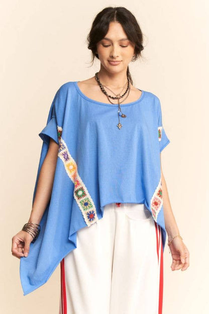 CROCHET TRIM BATWING SLEEVES LOOSE FIT TOP - Blu Lotus Boutique