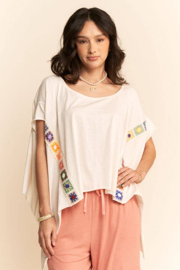 CROCHET TRIM BATWING SLEEVES LOOSE FIT TOP - Blu Lotus Boutique