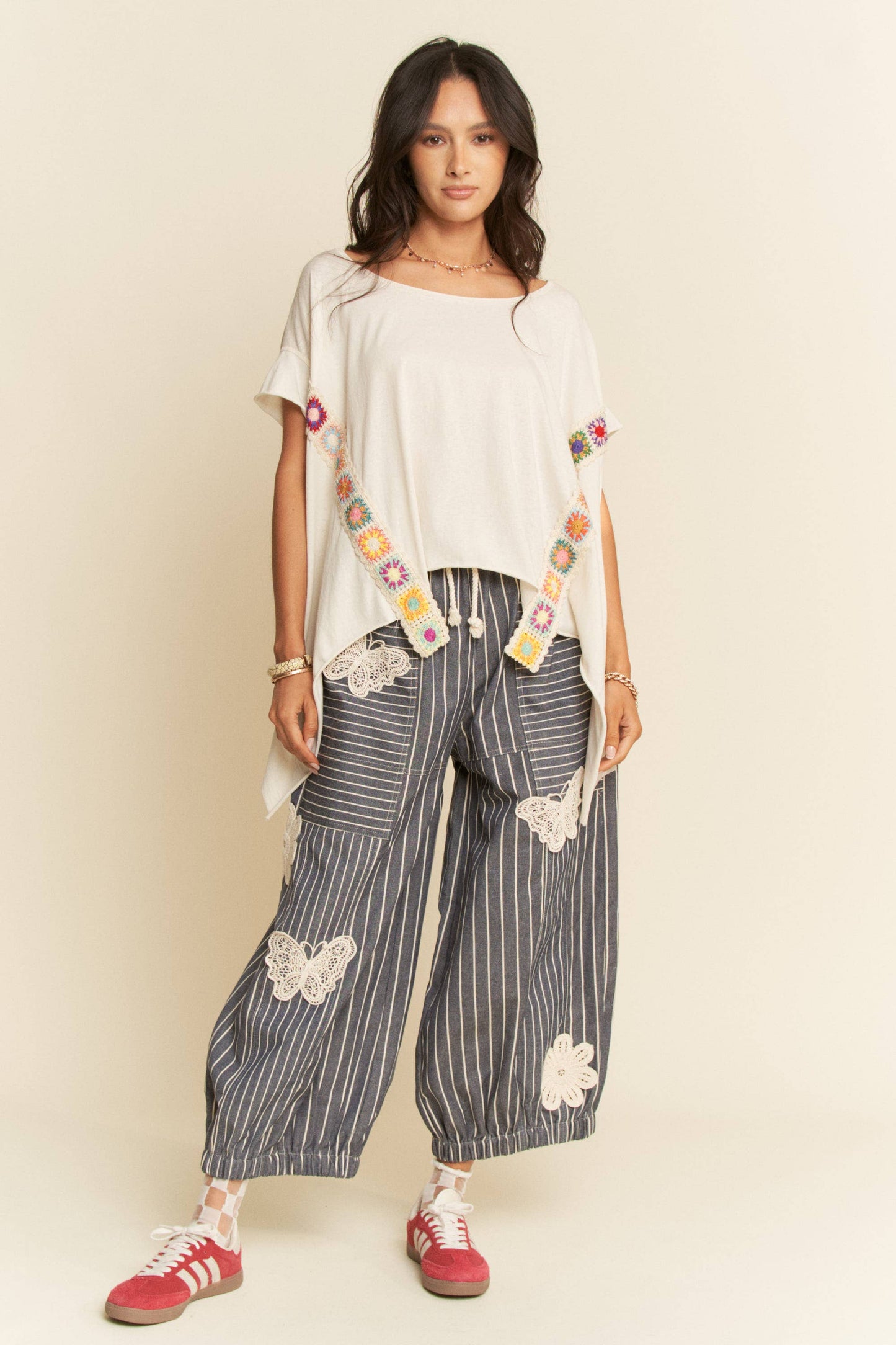 CROCHET TRIM BATWING SLEEVES LOOSE FIT TOP - Blu Lotus Boutique